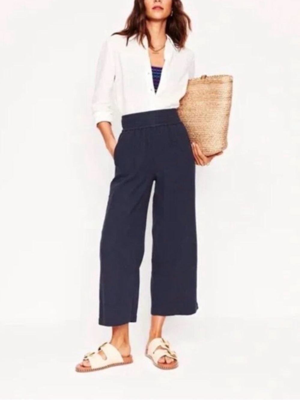 Boden Dark Navy Double Cloth Elastic Waist Wide-Leg Pants